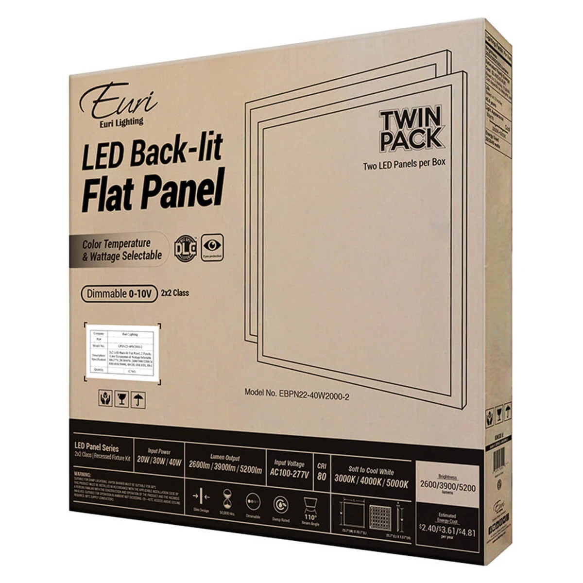 Case Of 2 - 2x2 LED Flat Panel Light - Wattage Adjustable 20W/30W/40W - Color Tunable 30K/40K/50K - Euri Lighting 4 Case Of 2 - 2x2 LED Flat Panel Light - Wattage Adjustable 20W/30W/40W - Color Tunable 30K/40K/50K - Euri Lighting - Image 4